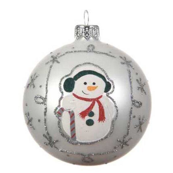 Χριστουγεννιάτικη Γυάλινη Μπάλα Ασημί Ματ, με Χιονάνθρωπο (8cm)